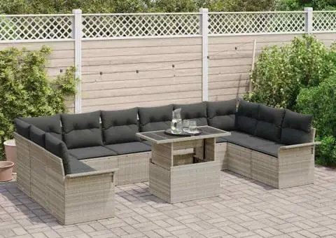 Set de canapea de grădină cu 11 piese, perne incluse, gri deschis, din poliratan - 3/5