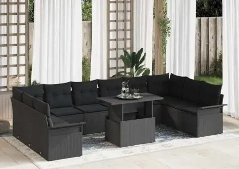 Set de canapea de grădină cu 11 piese și perne, din poliratan negru. - 1/5