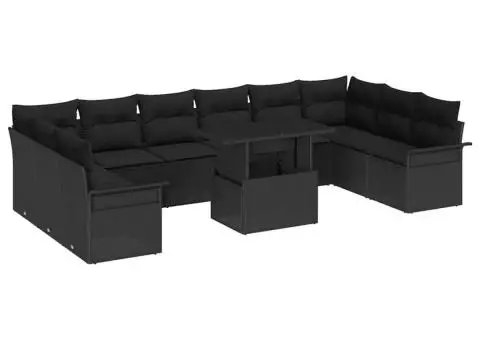 Set de canapea de grădină cu 11 piese și perne, din poliratan negru. - 2/5