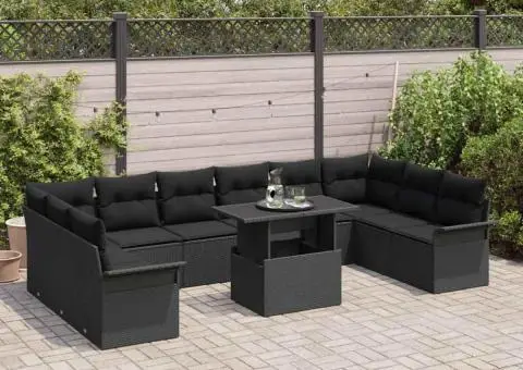 Set de canapea de grădină cu 11 piese și perne, din poliratan negru. - 3/5