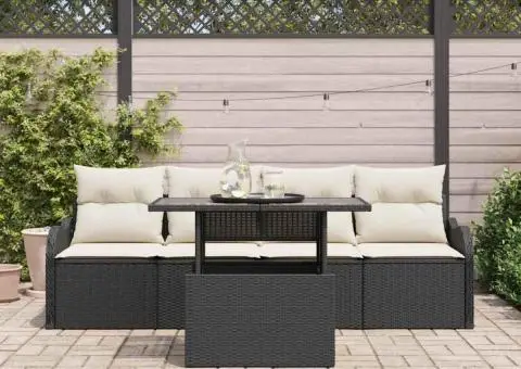 Set de Canapea Grădină 5 Piese cu Perne Negru Poli Ratan - 3/5