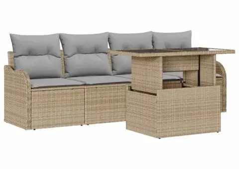 Set de Sofa pentru Grădină cu 5 Piese și Pernuțe Bej din Poliratan - 2/5