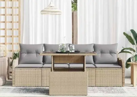 Set de Sofa pentru Grădină cu 5 Piese și Pernuțe Bej din Poliratan - 3/5