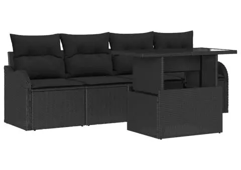 Set Canapea de Grădină 5 Piese cu Perne Negru Poliratan - 2/5