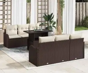 Set canapea grădină vidaXL, 7 piese, cu perne, ratan poli maro