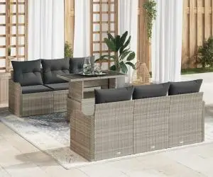 Set Canapele Grădină 7 Piese cu Perne Gri deschis Poliratan