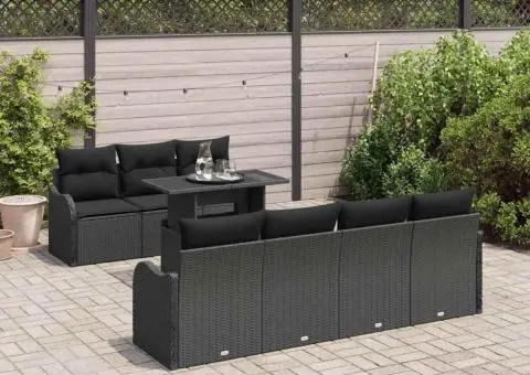 Set de Sofa de Grădină cu 8 Piese cu Perne Negru Ratan Poli - 3/5