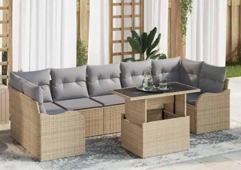 Set de 8 Piese Sofa de Grădină cu Perne Bej din Ratan Poliester - 1/5