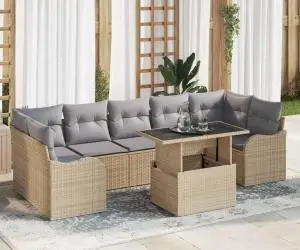 Set de 8 Piese Sofa de Grădină cu Perne Bej din Ratan Poliester