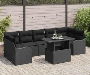 vidaXL Set de 8 Piese de Sofa de Grădină cu Perne Negru Poliratan