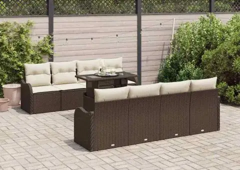 Set de Sofa pentru Grădină cu 9 Piese și Pernițe Maro din Ratan Poliester - 1/5