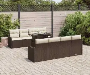 Set de Sofa pentru Grădină cu 9 Piese și Pernițe Maro din Ratan Poliester