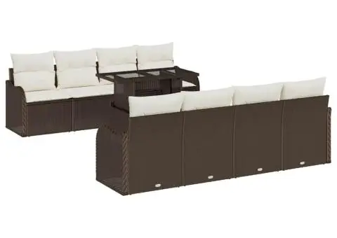 Set de Sofa pentru Grădină cu 9 Piese și Pernițe Maro din Ratan Poliester - 2/5
