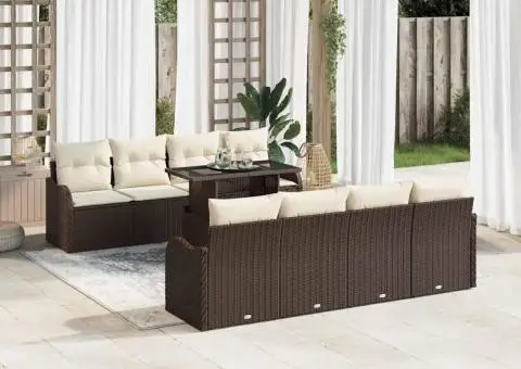 Set de Sofa pentru Grădină cu 9 Piese și Pernițe Maro din Ratan Poliester - 3/5