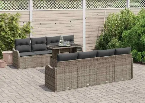 Set de canapele pentru grădină 9 piese cu perne gri din poli ratan - 1/5