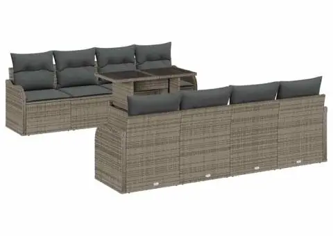 Set de canapele pentru grădină 9 piese cu perne gri din poli ratan - 2/5