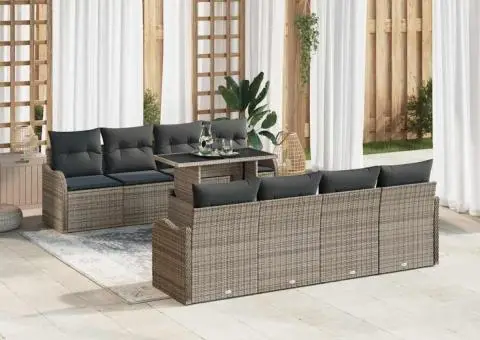 Set de canapele pentru grădină 9 piese cu perne gri din poli ratan - 3/5