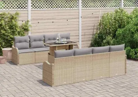 Set canapea grădină 9 piese cu perne ratan poliester bej - 1/5