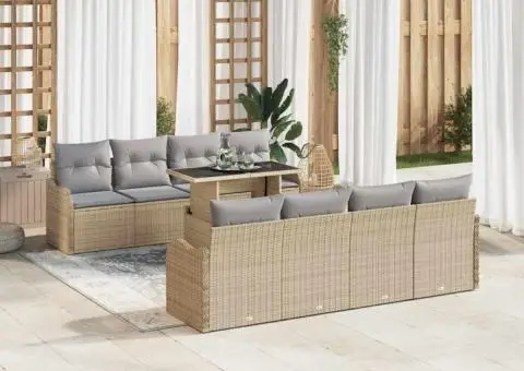 Set canapea grădină 9 piese cu perne ratan poliester bej - 3/5