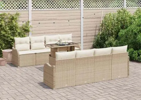 Set de Canapele pentru Grădină cu 9 Piese și Perne Bej Ratan Poli - 1/5