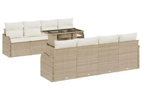 Set de Canapele pentru Grădină cu 9 Piese și Perne Bej Ratan Poli - 2/5