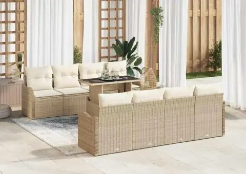 Set de Canapele pentru Grădină cu 9 Piese și Perne Bej Ratan Poli - 3/5