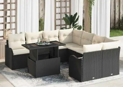 Set Canapele Grădină 9 Piese cu Perne Ratan Poli Negru - 1/5