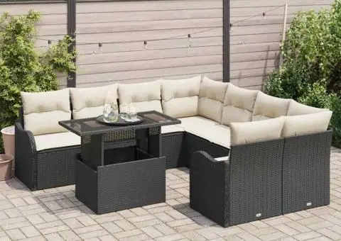Set Canapele Grădină 9 Piese cu Perne Ratan Poli Negru - 3/5