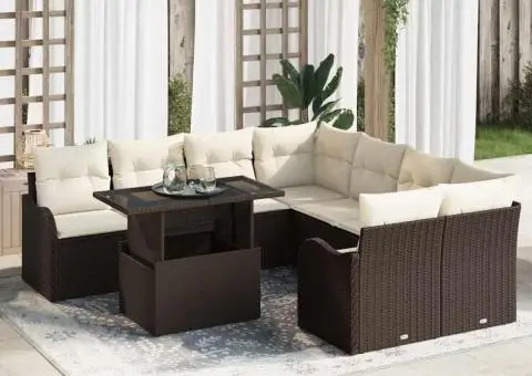 Set canapea grădină 9 Piese cu Perne Poliratan Maro - 1/5