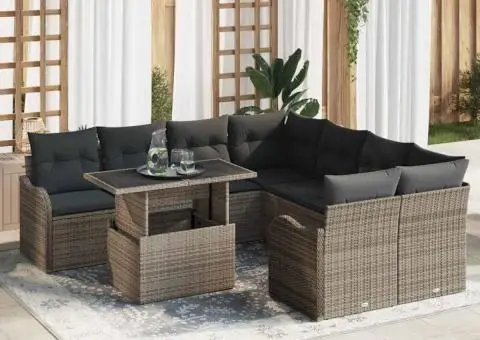 Set sofa 9 piese grădină cu perne gri poliratan - 1/5