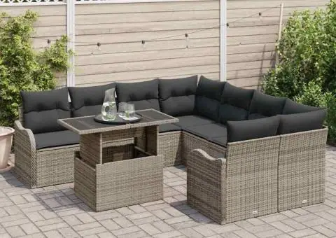 Set sofa 9 piese grădină cu perne gri poliratan - 3/5