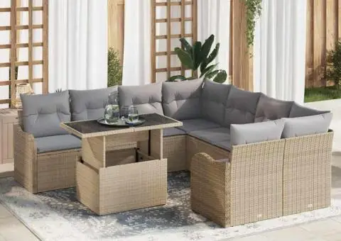 Set Canapea Grădină cu 9 Piese și Pernițe Bej Poliratan - 1/5