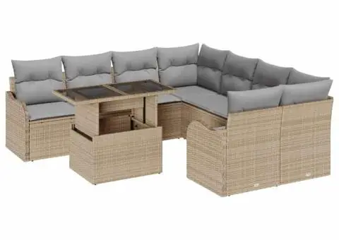 Set Canapea Grădină cu 9 Piese și Pernițe Bej Poliratan - 2/5