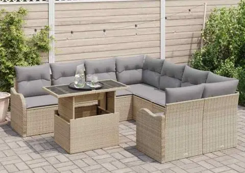 Set Canapea Grădină cu 9 Piese și Pernițe Bej Poliratan - 3/5