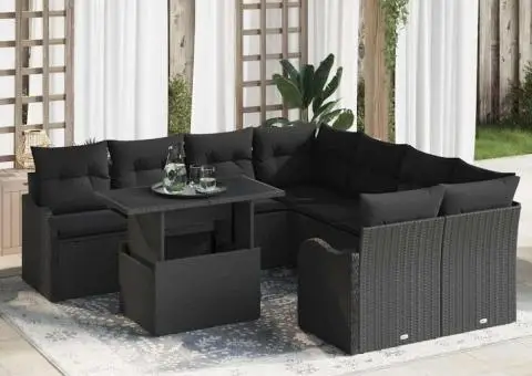 Set de canapea grădină cu 9 piese cu perne Ratan Poly Negru - 1/5