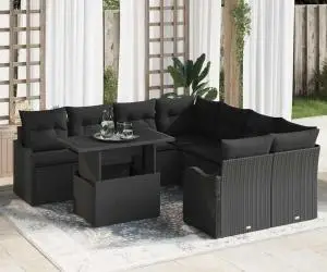 Set de canapea grădină cu 9 piese cu perne Ratan Poly Negru