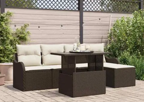 Set de Canapea pentru Grădină cu 6 Piese cu Perne Ratan Poliester Maro - 1/5