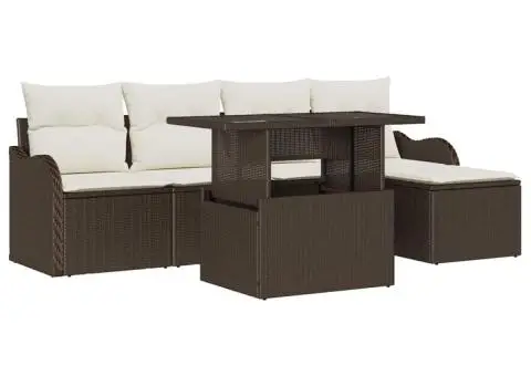 Set de Canapea pentru Grădină cu 6 Piese cu Perne Ratan Poliester Maro - 2/5