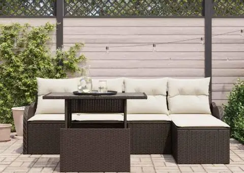 Set de Canapea pentru Grădină cu 6 Piese cu Perne Ratan Poliester Maro - 3/5