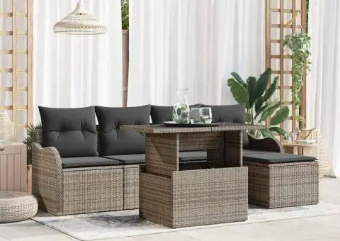 Set de Sofa de Grădină cu 6 Piese cu Perne Gri Poli Ratan - 1/5