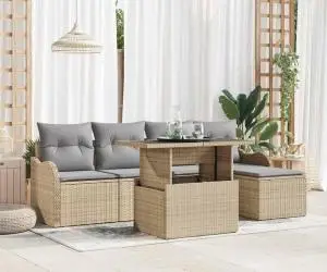 Set de canapea de grădină cu 6 piese și perne Bej Ratan Poliester