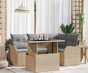 Set Canapea Grădină 5 Piese cu Perne Bej Ratan Polimer