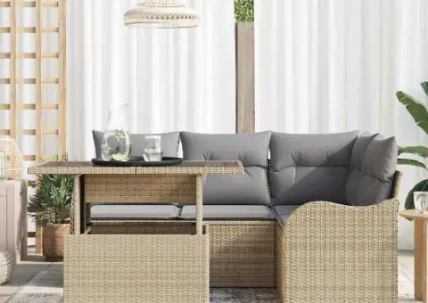 Set Canapea Grădină 5 Piese cu Perne Bej Ratan Polimer - 3/5