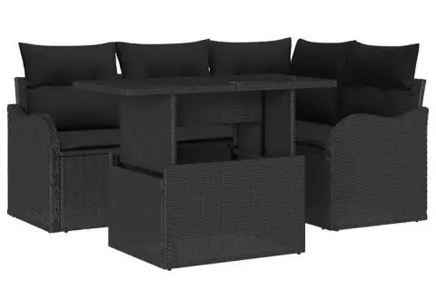 set canapea cu 5 piese și perne din ratan poliester negru - 2/5