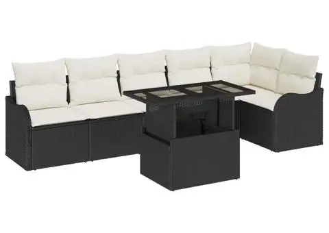 Set Canapea Grădină cu 7 Piese și Perne Negru Poliratan - 2/5