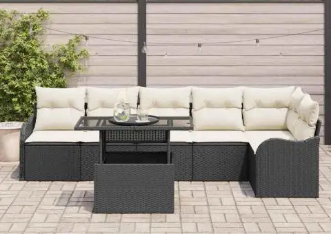 Set Canapea Grădină cu 7 Piese și Perne Negru Poliratan - 3/5