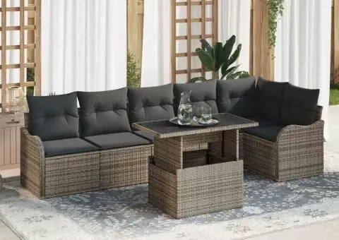 Set de Sofa de Grădină 7 Piese cu Perne Gri Poliratan - 1/5