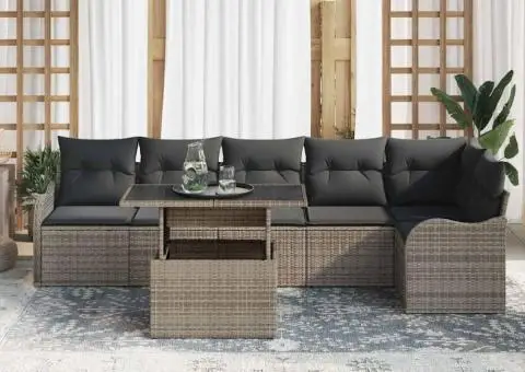 Set de Sofa de Grădină 7 Piese cu Perne Gri Poliratan - 3/5