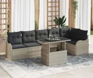 Set 7 piese canapele grădină cu perne gri deschis din ratan poli