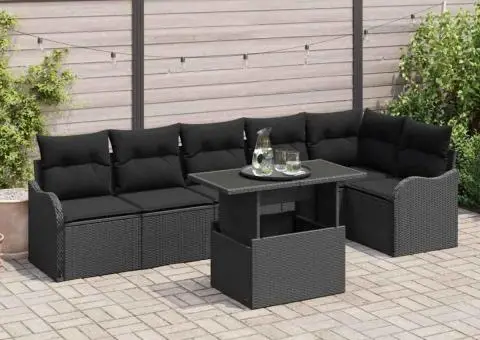 Set Canapea de Grădină Neagră cu 7 Piese și Perne din Poliratan - 1/5